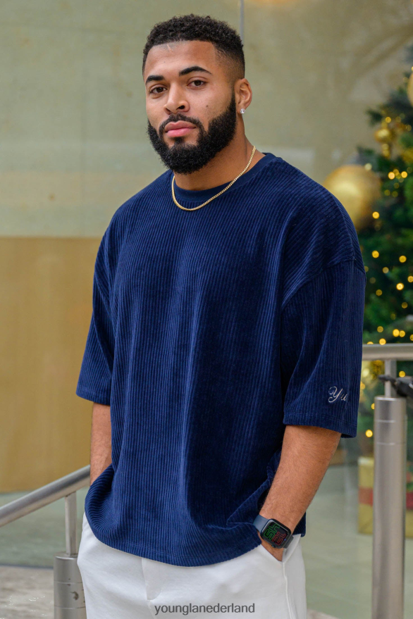 kleding nl YoungLA Heren 421 supergrote T-shirts van corduroy marine ZV0RH4169