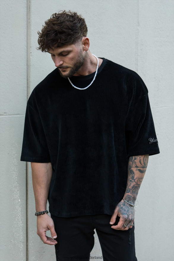 kleding nl YoungLA Heren 421 supergrote T-shirts van corduroy zwart ZV0RH4167